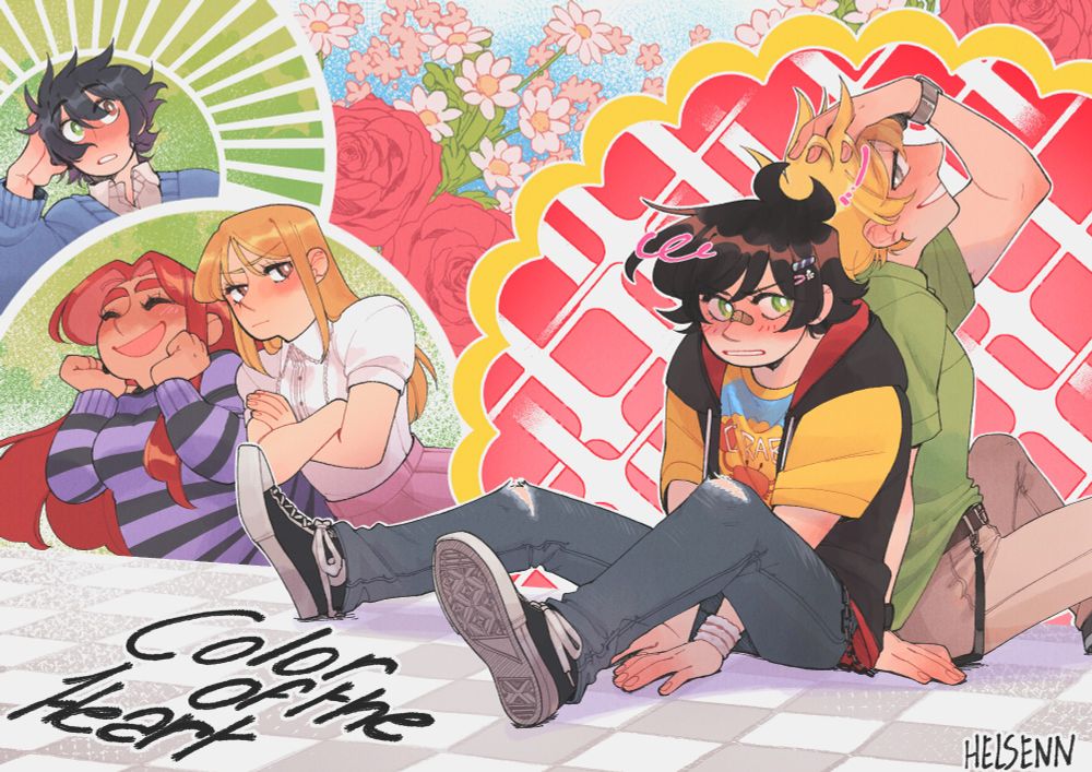 Illustration numérique de mon manga indé, Color of the Heart
Au premier plan, Asami et Mitsuru sont assis dos à dos, au second plan il y a Hatsuharu, Maemi et Hako