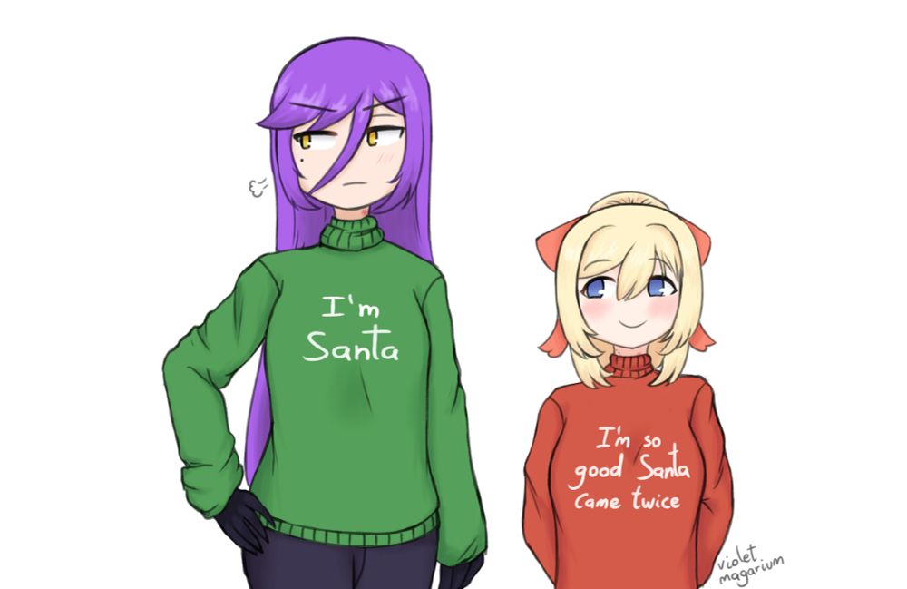 The Reaper Witch and Mavia are wearing ugly christmas sweaters. Witch is wearing a green one, while Mavia wears a red one. The red one says "I'm so good Santa came twice", while the green one says "I'm Santa", both in white letters.