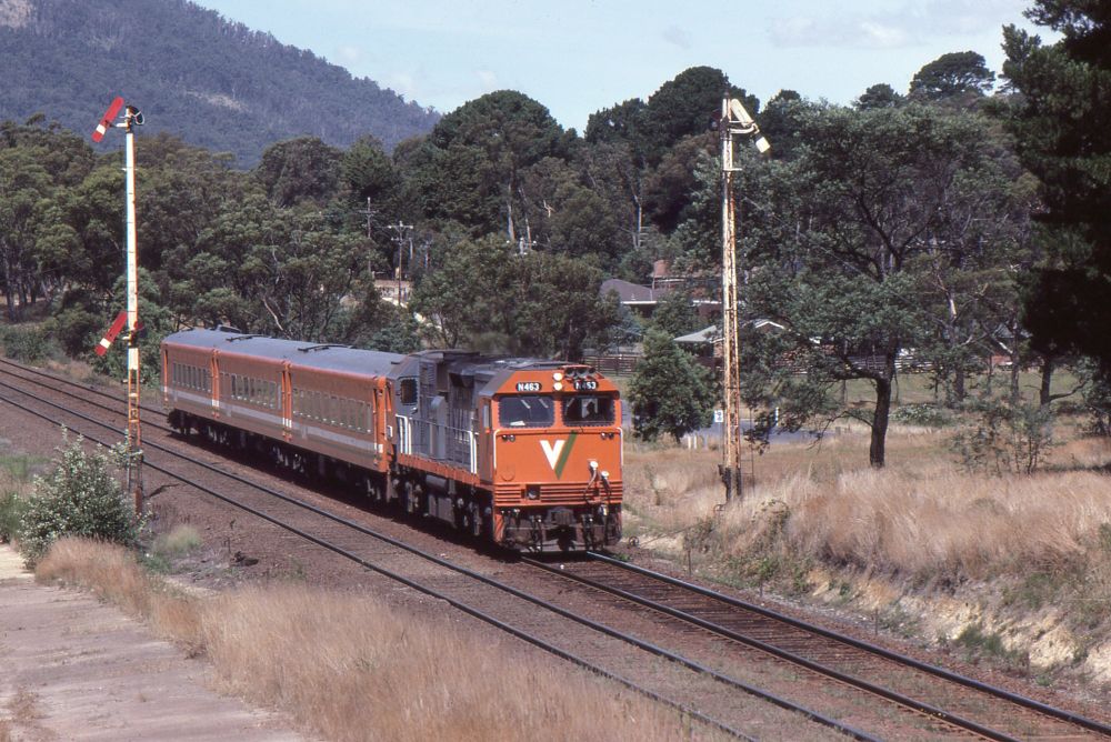 A VLine orange and grey liveried N class diesel locomotive hauling a three car passenger train also in VLine orange livery runs along the left hand track of a double track main line railway in a rural location.  Tall somersault semaphore signals stand on either side of the track with the signal at left, facing us, having two co-acting arms.