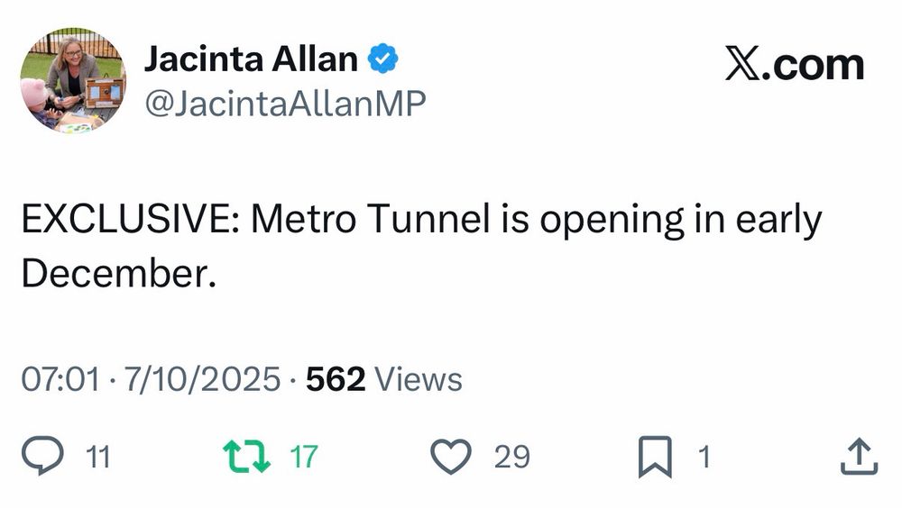 Tweet from Vic Premier Allan announcing that the Melbourne Metro Tunnel is opening in early December.  No more details yet.