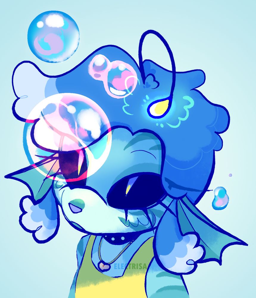 Portrait of an anthropomorphic aquatic creature, blue in colour with an anglerfish lantern on head. They're looking up at pink and blue soap bubbles.