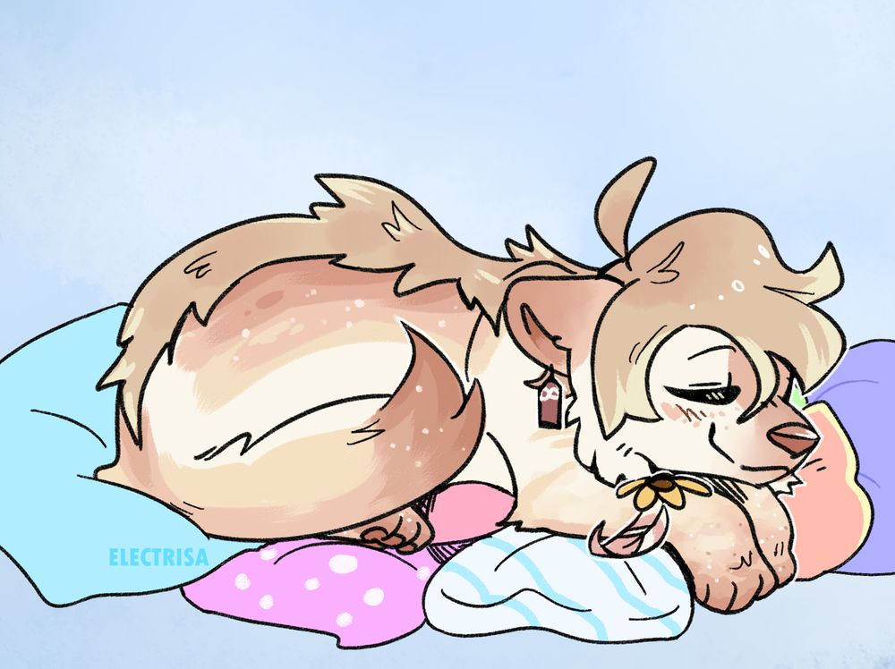A feral character, hyena+wolf hybrid with sand-coloured fur, napping on a pile of different coloured pillows.