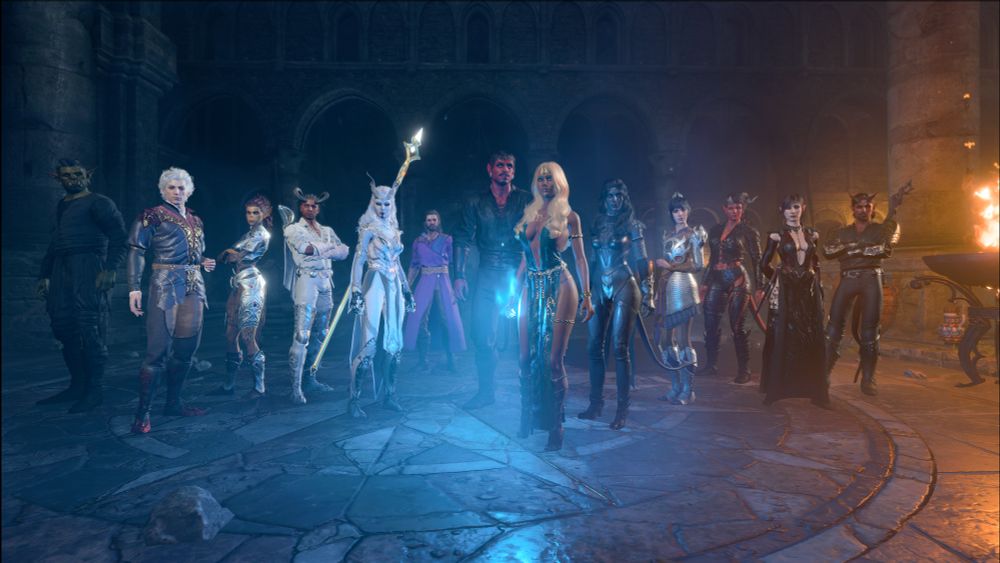 A group of Baldur's Gate characters stand in the Overgrown Ruins ruined temple's inner sanctum.