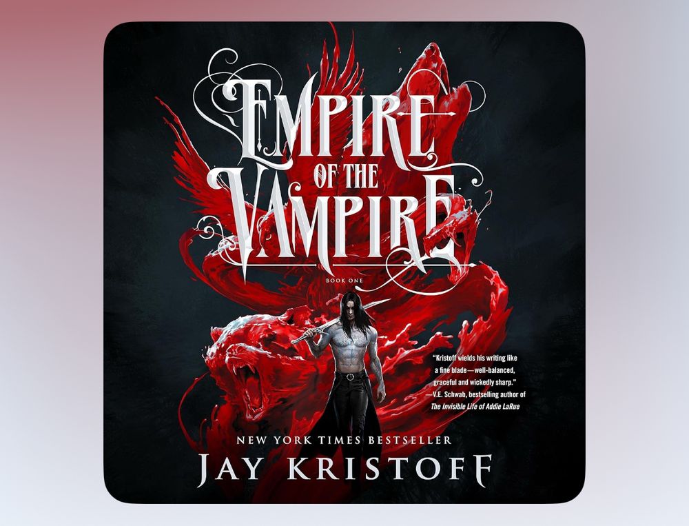 Empire of the Vampire. A man with a sword, with a blood-red animal form behind him.
