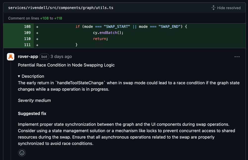 Screenshot of a GitHub Pull request comment made by the Rover bot, detailing a potential race condition in some code