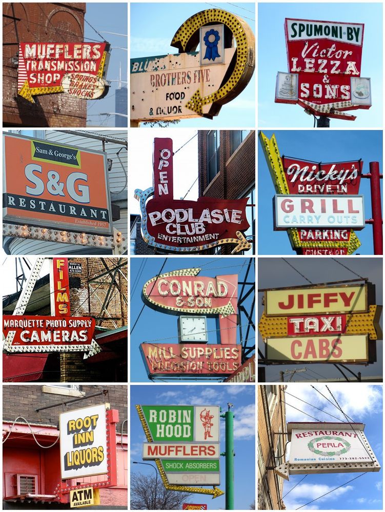 Collage of 12 signs containing arrows illuminated by bulb lights. Top left, l to r: red and yellow "Mufflers transmission shop" sign; partly flaked off white sign with yellow arrow and picture of a blue ribbon; red, white, and black "Spumoni by Victor Lezza & Sons"; orange, black, yellow, and white "S&G Restaurant" with white arrow; red and white "Podlasie Club" sign with curved white arrow; red and white "Nicky's Drive-In" sign with yellow arrow; red, white, and yellow "Marquette Photo Supply Cameras Films" sign with white arrow; red and white "Conrad & Son Mill Supplies" sign with white arrow and square clock; red, yellow, and white Jiffy Taxi Cabs" sign with yellow arrow; yellow, white, and black square "Root Inn Liquors" sign with red arrow; green, white, and red "Robin Hood Mufflers" sign with a drawing of Robin Hood and a yellow arrow; red, green, and white "Restaurant Perla" sign with white arrow.