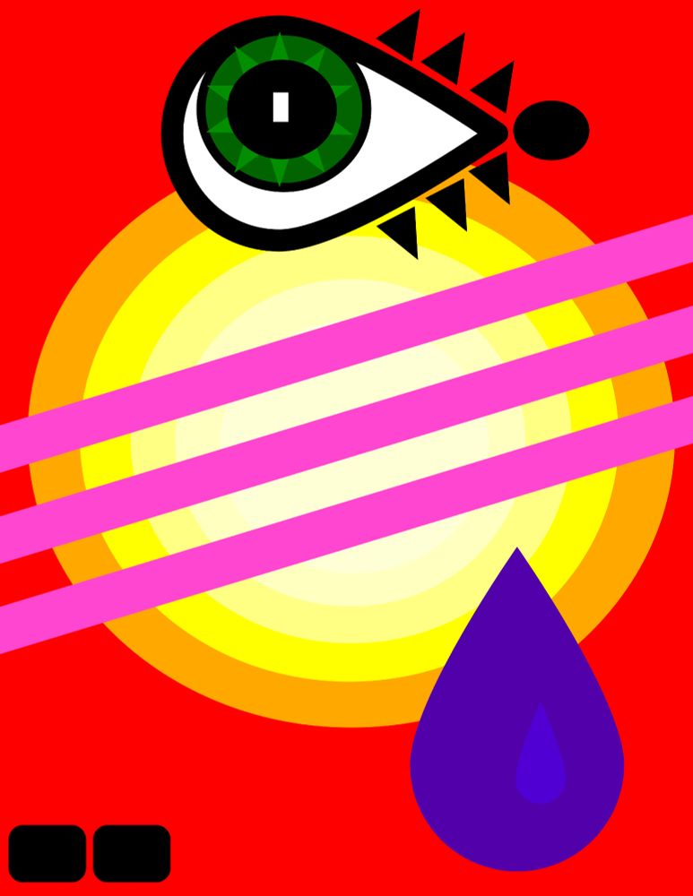vertical rectangle. rich bright red. yellow orange circle with other circles of a lighter yellow color inside it. 4 in total inside the main one. it kinda almost gives the circle depth. then there are 3 bright pink stripes going diaganol across the center of the circle from left to right. lower right hand color a blue-purple tear drop shape with a smaller blue-purple but lighter teardrop shape inside so it doesn't look so flag. lower left corner 2 black small rounded rectangles. upper center. horizontal teardrop shape turned into an eye with thick black border/liner. a green circle with a lighter green star shape inside behind the black pupil. inside black circle is a small white vertical rectangle. eye is looking up. to right are 3 triangles pointing outward to represent lashes and a black circle at the smallest point of the eye