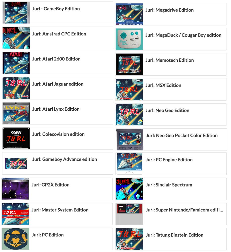 Two columns of icons featuring 20 ports of a game called Jurl