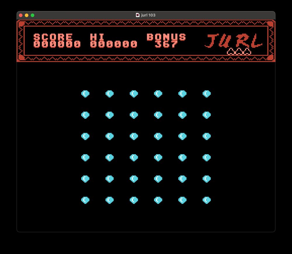 A snapshot from an emulator showing the game screen for a game called Jurl, it features a light red section with pinkish scores and a matrix of blue diamond shapes