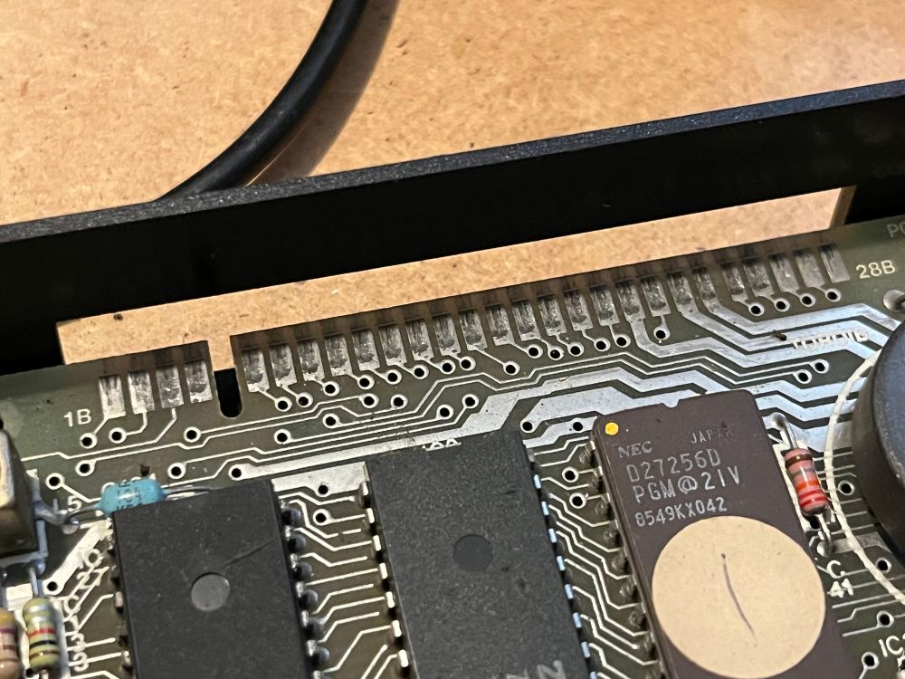 The inside of a Sinclair Spectrum Toastrack showing a dirty edge connector