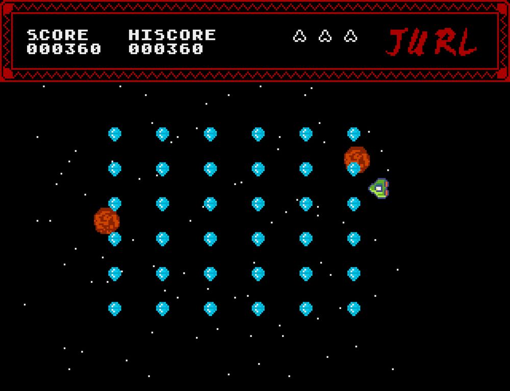 A game screen for a game called Jurl, a top section shows the game title, score, hiscore and lives, the bottom section shows a play area with a grid of diamonds, a screen spaceship and two brown meteors