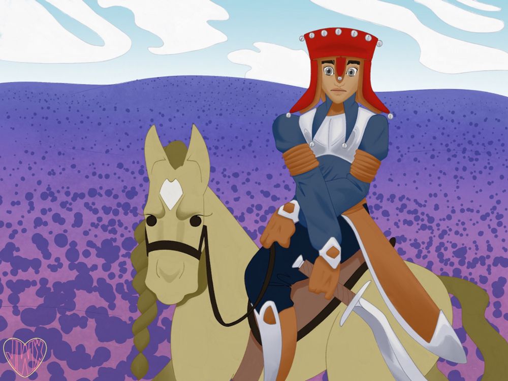 a cavalry rider with a red helmet atop a blond horse, in front of a purple-flowered hill. they look alarmed.