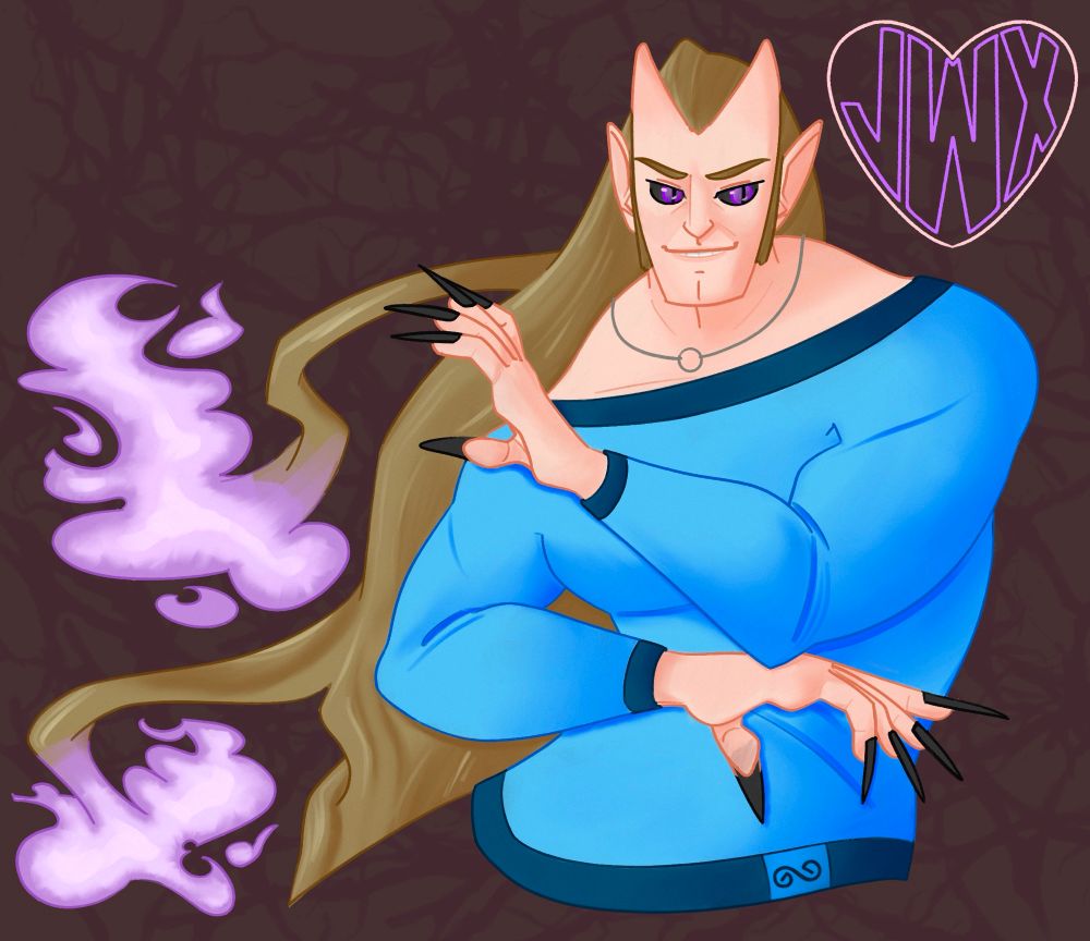 a pale man with purple eyes and purple smoke coming off of his dirty blonde hair, wearing a blue sweater. he is grinning like a creep.