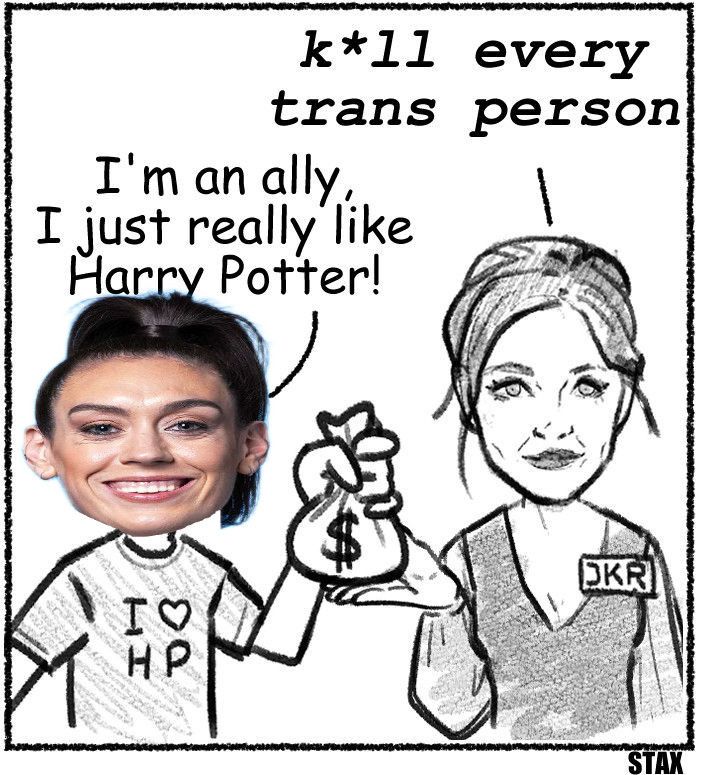 A Stax comic panel of JK Rowling accepting a money bag while saying “K*ll every trans person” and the “I ❤️ HP” t-shirt wearing fan giving her the bag has Breanna Stewart’s head in the original’s place, saying “I’m an ally, I just really like Harry Potter!”