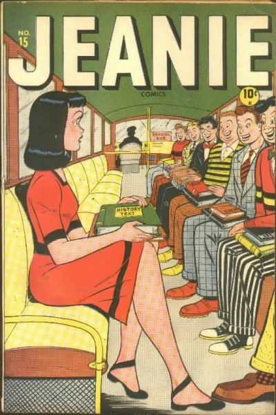 The cover of Jeanie Comics #15 from 1947 with Jeanie Johnson sitting alone one one side of the bus while at least 7 boys sit across from her with thirsted expressions.
