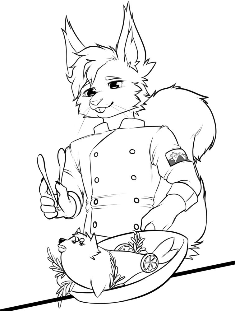 A squirrel man in a chef's jacket, holding a frying pan and tongs. The frying pan contains a wolf-like fish with yassified features, as well as lemon and herbs. 