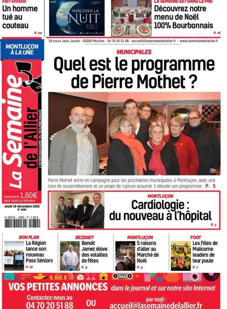 Une du journal La Semaine de l'Allier avec entre autres sujets le programme de la liste Montluçon en Commun.