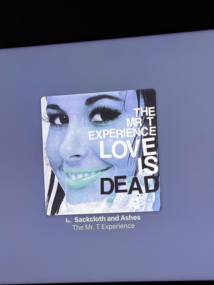 Photo of a TV showing the cover of the album Love is Dead by The Mr. T Experience 