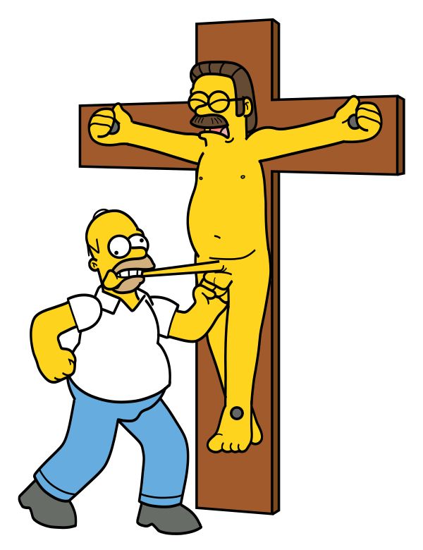 ned flanders crucified as homer bites his dick and punches his balls