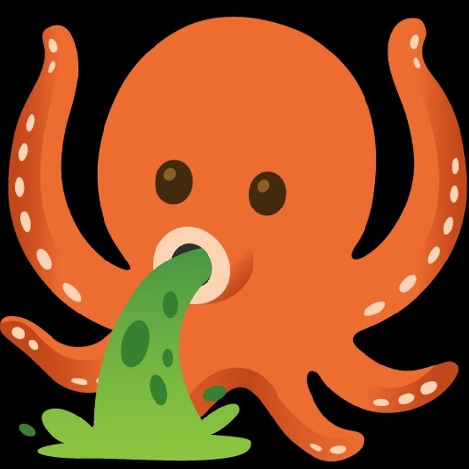 flat shaded image of an orange octopus puking green fluid