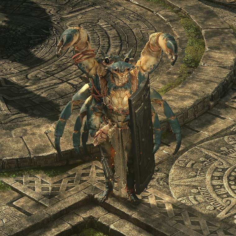Wearing the full cosmetic crab armor set in Path of Exile II, specifically the blue crab themed set with a crab armor, and a giant crab on my back.
