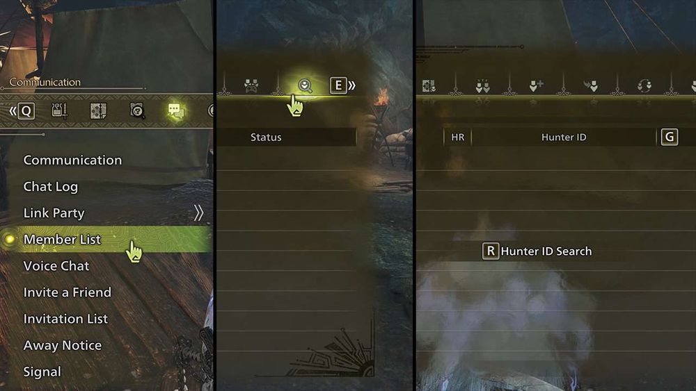 showing how to friend someone in Monster Hunter Wilds.  Communications menu > Final Tab with Spyglass Icon > Hunter Search > Type in Hunter ID