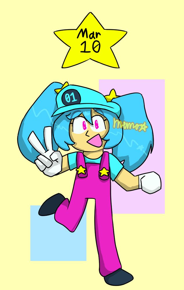 artwork of hatsune miku wearing hot pink overalls and a bright cyan cap similar to mario from super mario bros' attire. on her cap is a label with the numbers 0 and 1. her twintails go down to her shoulders, about half the length they usually are, and are help up by star shaped hairclips. she's looking at the viewer, holding out her hand with two fingers up, making a peace sign, loosely based off of the pose mario makes in mario 64 when he obtains a star. above miku is a star with mar 10 written on it.