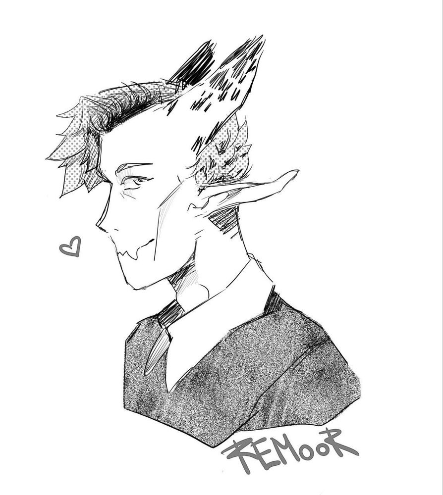The digital art of my character Rem up to the shoulders. The drawing is black and white, the character is wearing a shirt and a sweater over it. He has human features, except that his mouth is uneven like a mouth with fangs, long elven ears on the sides of his head and horns covered with fur on top of his head, which are part of the skull. He seems friendly, smiles and looks out of the corner of his eye.