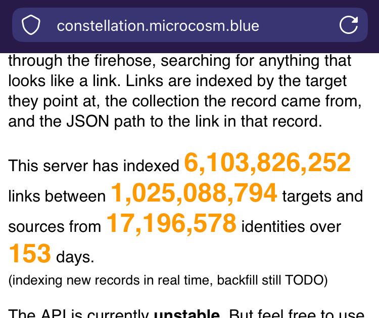 “This server has indexed 6,103,826,252 links between 1,025,088,794 targets and sources from 17,196,578 identities over 153 days.”

screenshot of a mobile browser with url https://constellation.microcosm.blue