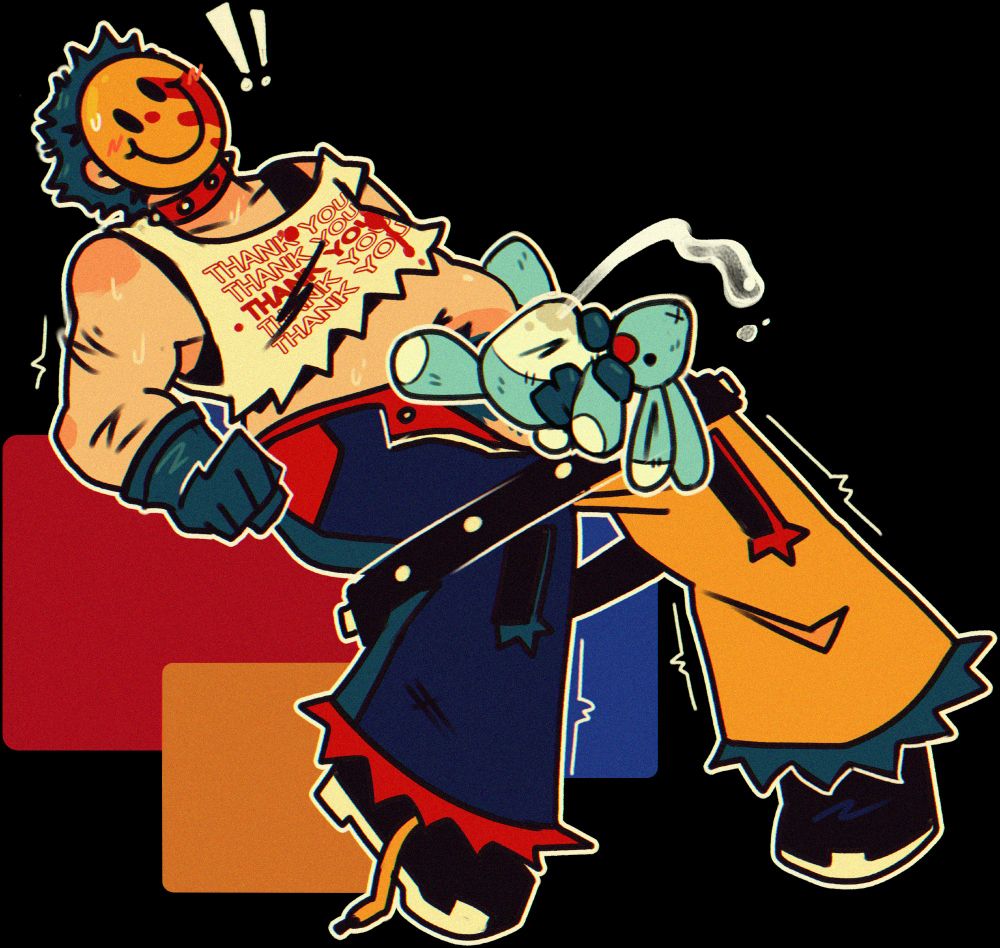 Buddy -- a character wearing a bloody smiley face mask, "thank you" bag tee, and colorful pants -- fucks a mint green bunny plush, cumming forcefully through its stomach fabric. (he/him) 