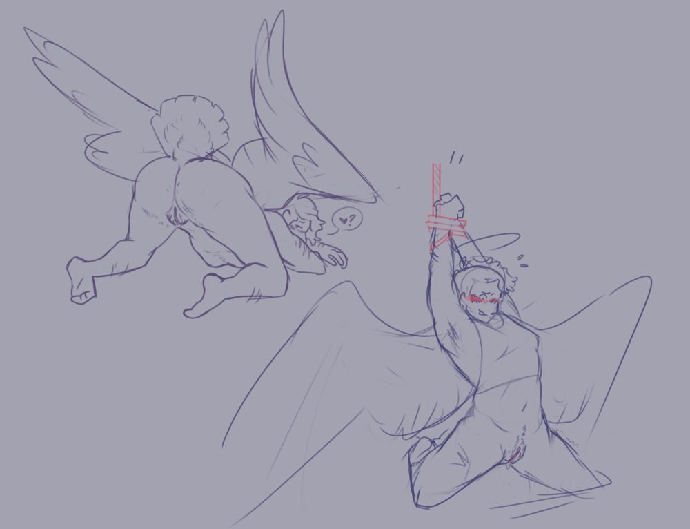 two sketches of a trans angel boy character, Bailey. in the lefthand sketch, he is viewed from behind, presenting his ass and looking back at the viewer. in the righthand sketch, he is suspended by a rope tied around his wrists, wearing only a tank top and looking embarrassed. 