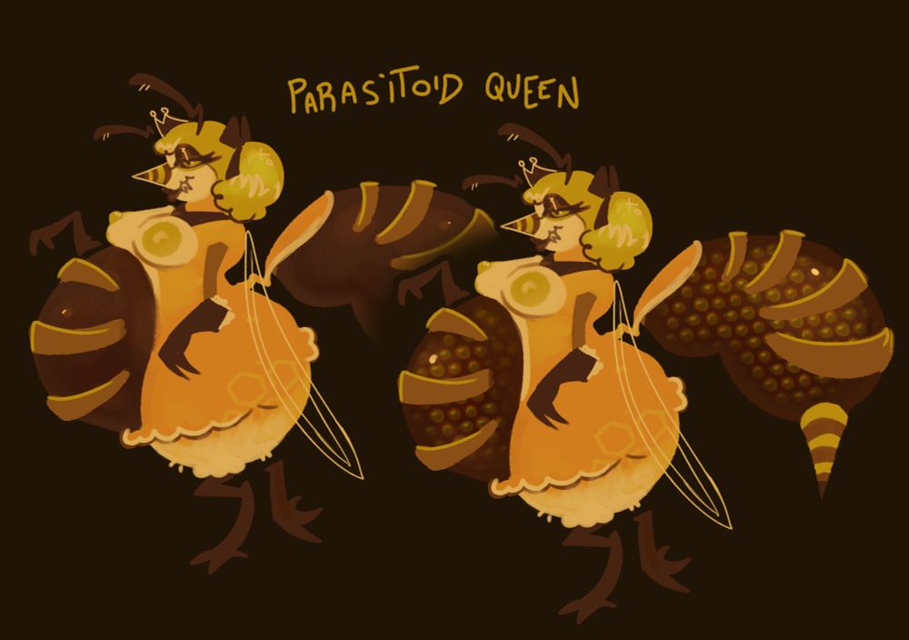 Two fullbodies of an anthro cartoon wasp queen with a huge engorged belly and abdomen. The one on the right shows the belly and abdomen full of small, round, greenish eggs. 