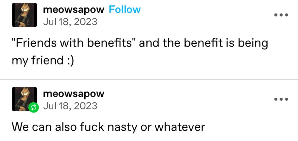 A post by tumblr user meowsapow from July 18th, 2023. it reads “‘friends with benefits’ and the benefit is being my friend :)”. A reblog adds “We can also fuck nasty or whatever”. 