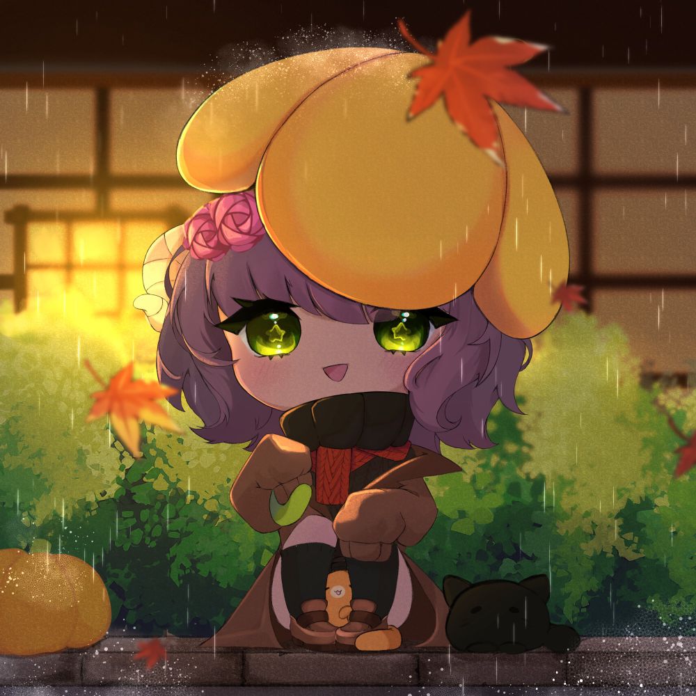 A white vtuber with green eyes, horns, and a flower crown is wearing a coat, a black turtle neck, and a red scarf. They are sitting in the rain next to a black cat while leaves are falling.
