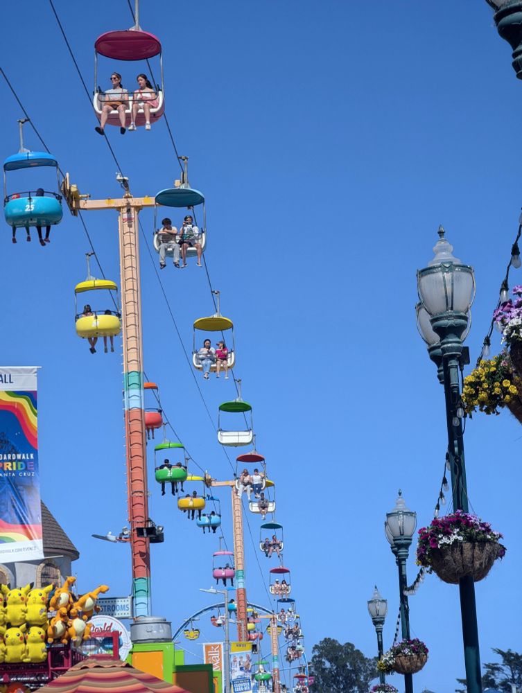 A picture of the sky chairs at the Santa Cruz Beach boardwalk against a blue sky with flowers and people riding. 
