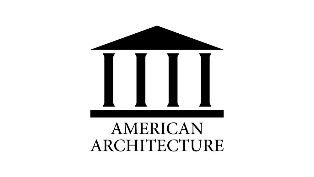 A simple design with four columns under a triangular roof and above a rectangular floor.  The columns are separated from the roof and floor.  Under the shapes, in serif all-caps text, is the name "AMERICAN ARCHITECTURE."