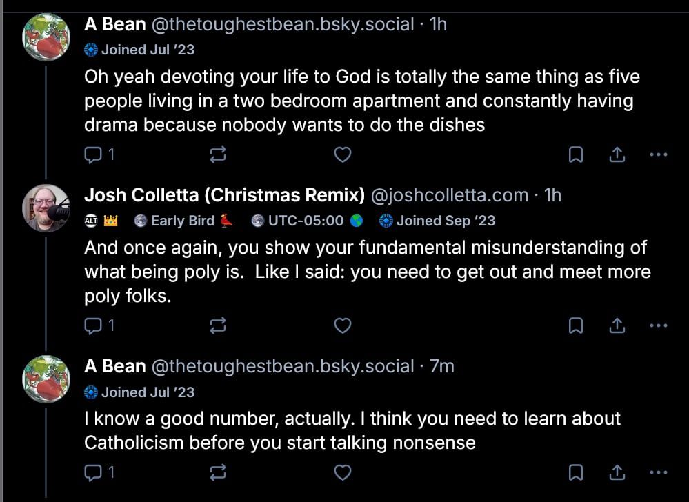 A Bean:
Oh yeah devoting your life to God is totally the same thing as five people living in a two bedroom apartment and constantly having drama because nobody wants to do the dishes

Josh Colletta:
And once again, you show your fundamental misunderstanding of what being poly is.  Like I said: you need to get out and meet more poly folks.

A Bean:
I know a good number, actually.  I think you need to learn about Catholicism before you start talking nonsense