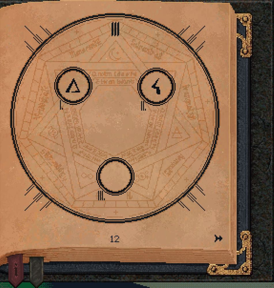 Right site of an opened spell tome, showing placed rune symbols within two of three slots. The slots are arranged in a triangle which all are inside an alchemical/magic circle drawing.