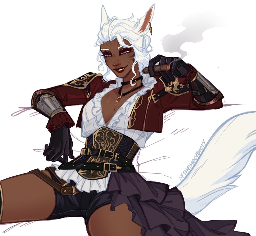 Wyra lounges on a pillow, her legs splayed open, a smug, shit-eating grin on her face. She holds a smoking cigar aloft and her aura is confident and assured-- her eyes sizing you up as to how she can outsmart you. Her white poet shirt is open displaying her cleavage, and she wears a red jacket overtop and purple shorts.