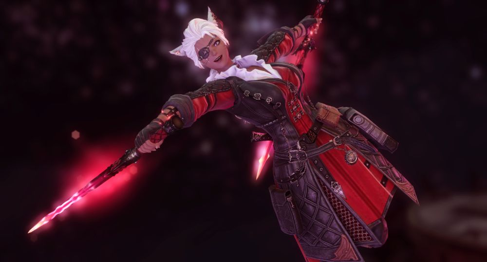 In pitch darkness amongst a sea of sunken ships (background is blurred), a miqo'te woman clad in red and black jumps up with twin blades in hand, which are glowing red. She has a determined but jolly expression on her face, like this battle is fun for her.