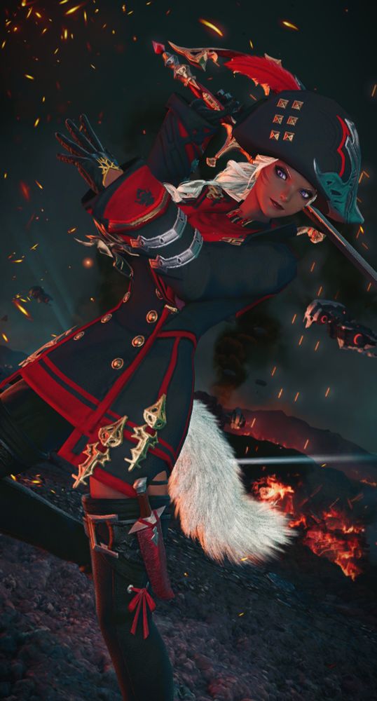 Wyra Mewrilah in full Maelstrom regalia, standing in front of a battlefield as sparks and bullets fly, the scenery on fire behind her. She looks determined as her sword is mid-swing.