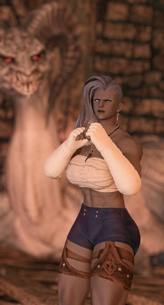 Merlgeim posing with fists raised in front of her good friend Vidofnir, muscles flexed.