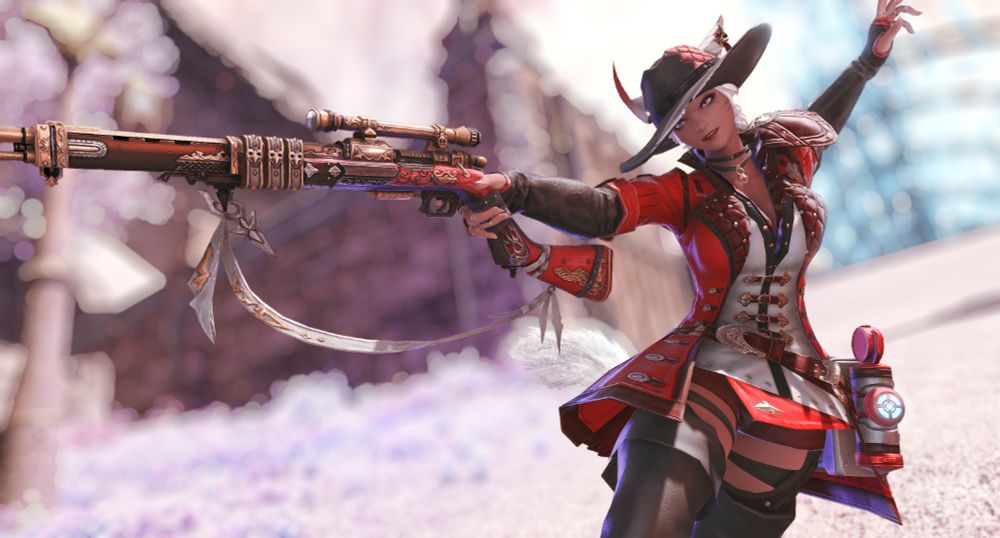 Wyra shooting her gun at the entrance between Lakeland and the Crystarium. She's glad in red, white, and black, with her outfit looking a bit rugged and worse for wear, her hat having a few holes in the brim. She's utilizing her machinist weapon as the light poisoning on the first has unbalanced her red mage mana.