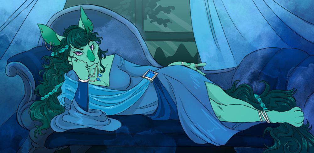 A royalgirl kyrii lies on her side on a roll arm chaise lounge, looking smug and powerful.