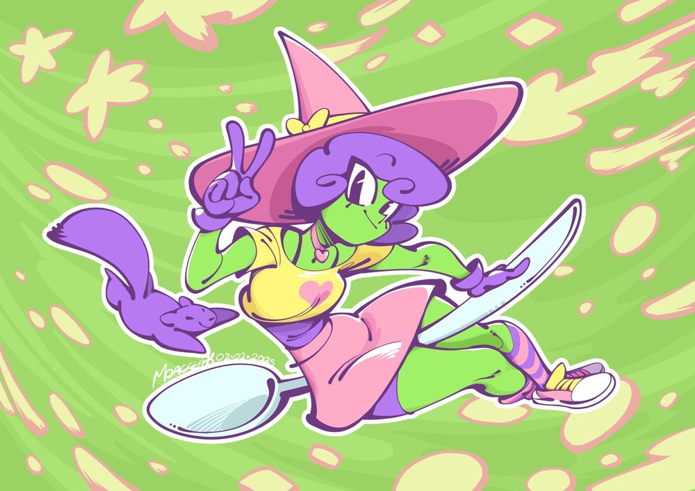 Fanarte de Nat the Witch e Sam the Squirrel, protagonistas do jogo Hazelnut Hex.

Nat está fazendo um V de Vitória com os dedos enquanto voa na sua colher gigante mágica, acompanhada de seu amigo esquilo Sam.