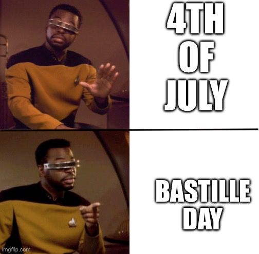 Geordi la forge disapproves of 4th of July but approves of bastille day 