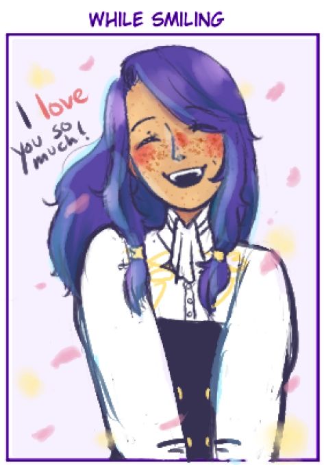 Rinn smiling brightly, telling the viewer that he loves them so much! Flower petals are floating in the wind, intending for the picture to look much more like something out of a shoujo manga.