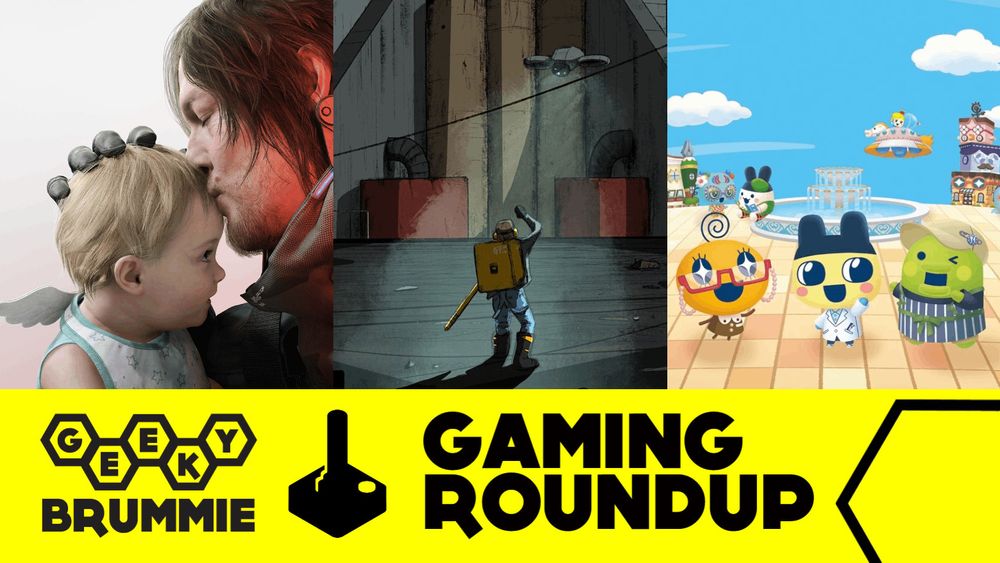 Norman Reedus kissing a baby, a deliveryman in a searchlight and a gathering of Tamagotchis with the words "Gaming Roundup"