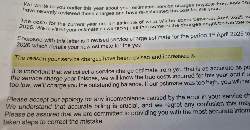 A letter about service charges rising. A sentence offering to explain why is unfinished 