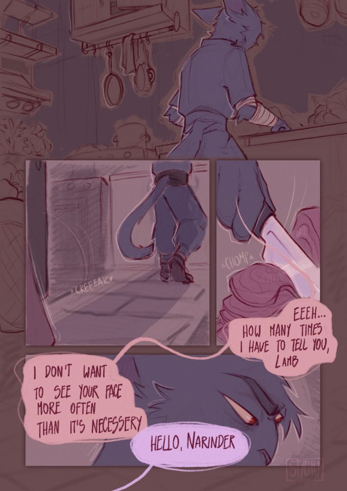 Cult of the Lamb comic. Narinder works in the kitchen. Someone comes in
Narinder: ehhh... How many timed I have to tell you, Lamb. I don't want to dee your face more often than it's necessary
Guest: Hello, Narinder